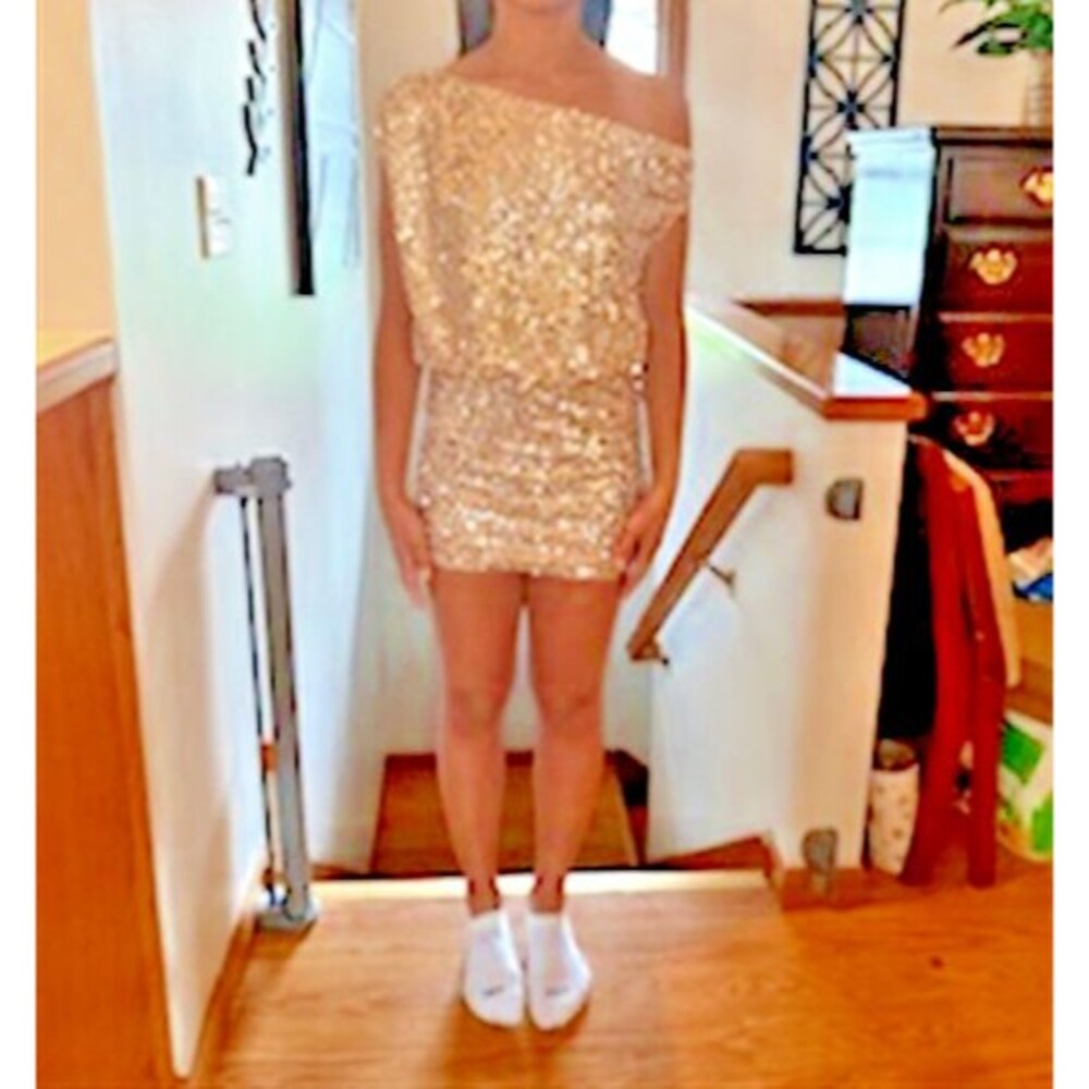 NWOT Wear Your Love Gold Sequin One-Shoulder Mini Dress